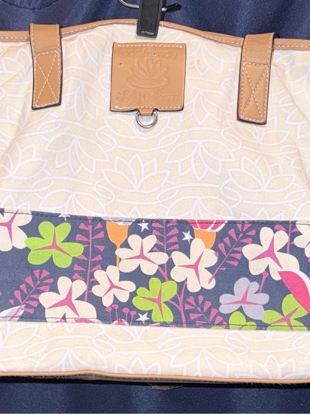Lily Bloom Cream Canvas Tote with Floral Band and Tan Trim